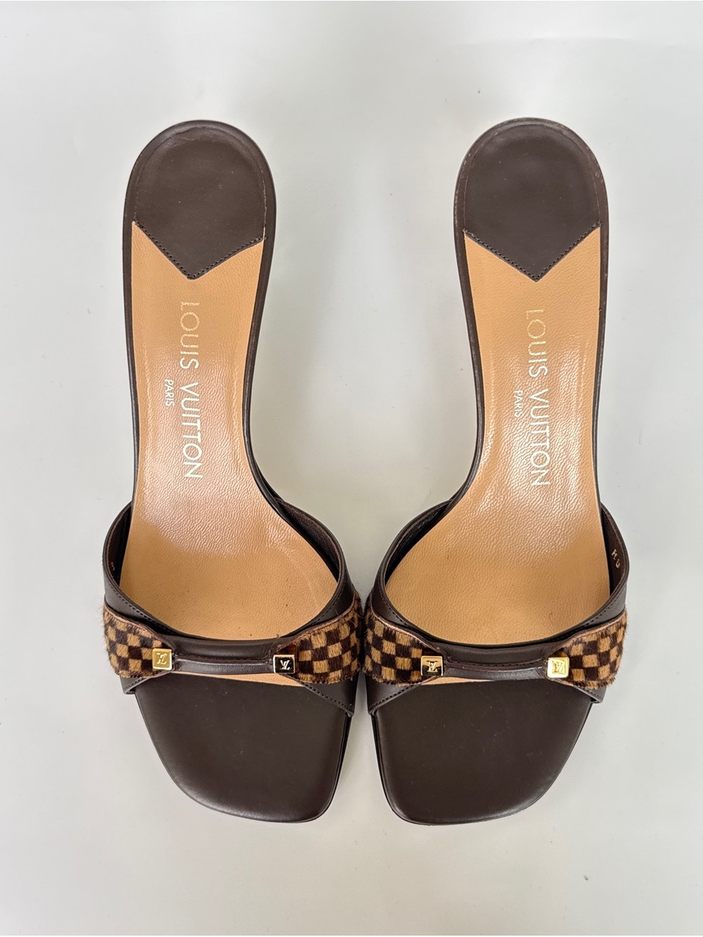 Authentic Louis Vuitton brown leather and damier calf hair heeled mules size 38
